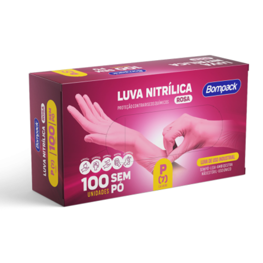 LUVA NITRILICA BOMPACK ROSA P C/100