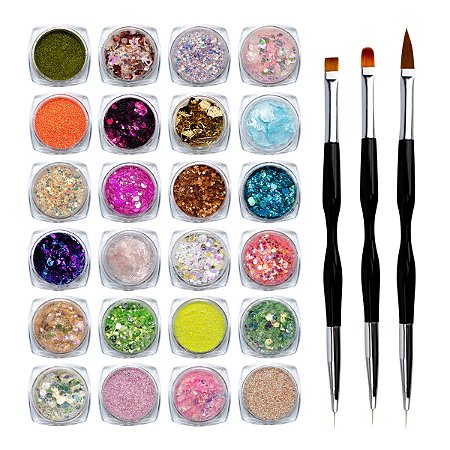 KIT DECORACAO (3 APLICADORES E 6 GLITTERS PARA UNHA)